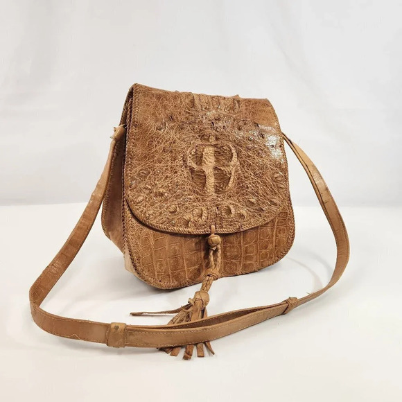 Vintage Alligator Skin Purse Shoulder  Bag Womens Crossbody Light Beige - Picture 1 of 16